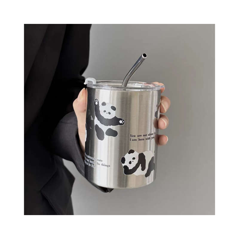 Panda Creative Thermos Cup with Straw - Silver