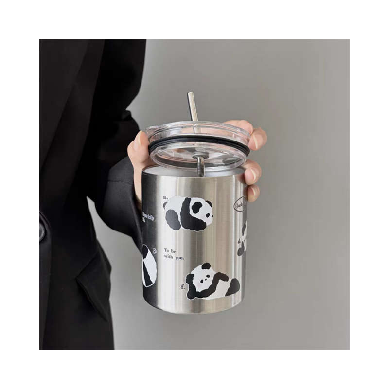 Panda Creative Thermos Cup with Straw - Silver