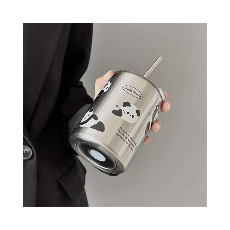 Panda Creative Thermos Cup with Straw - Silver
