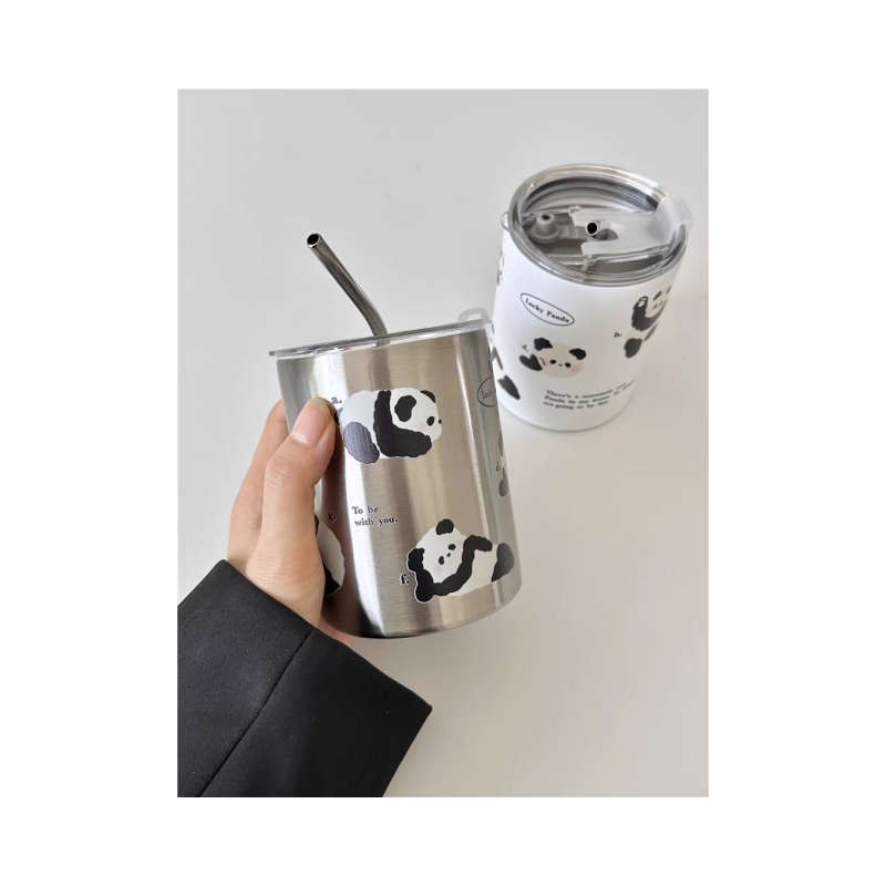 Panda Creative Thermos Cup with Straw - Silver