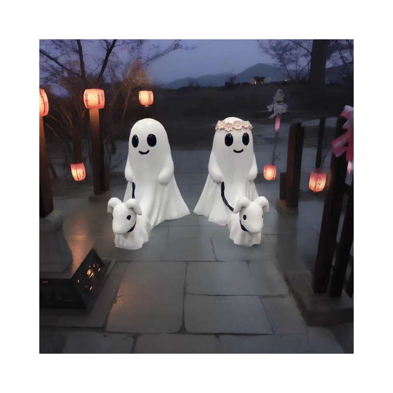 Ghost Walking Dog Couple Statues