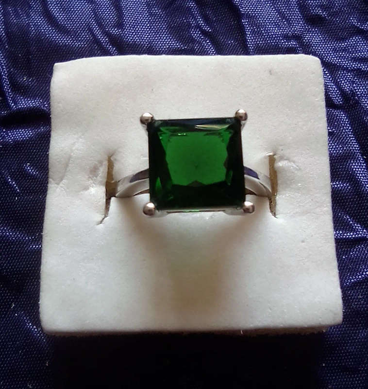 Green Square CZ Cut Silver Ring