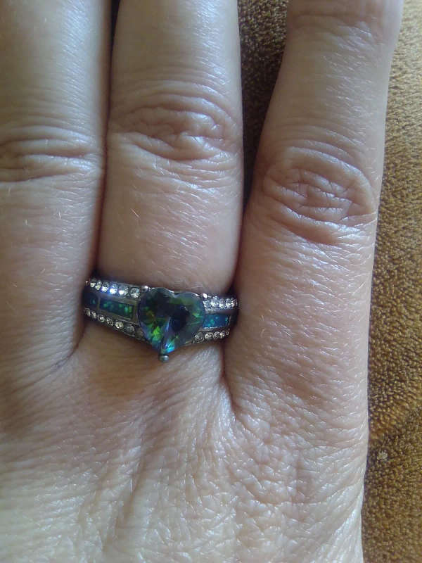 Blue Cubic Zirconia heart, Gun Metal black ring