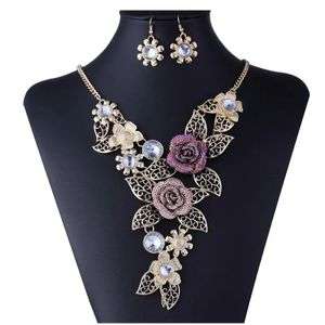Retro Colorful Flower Artificial Crystal Chunky Necklace Set