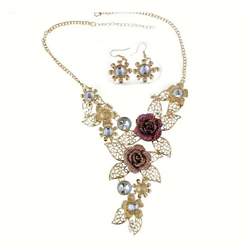 Retro Colorful Flower Artificial Crystal Chunky Necklace Set