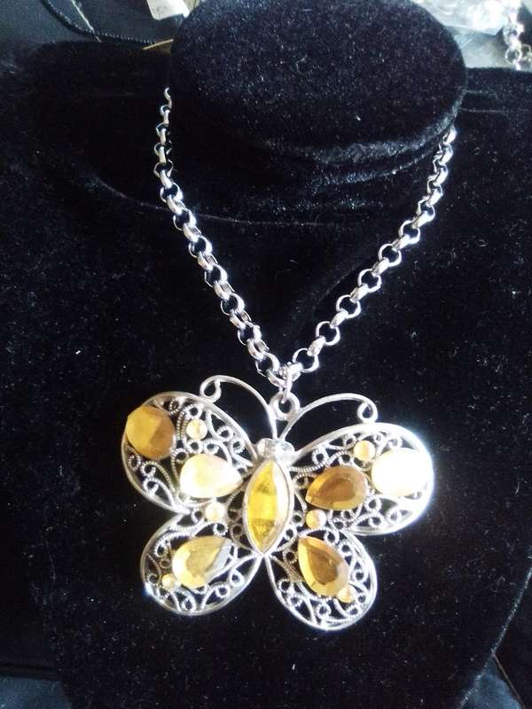 Large Filigree Silver Butterfly, Roly Poly Stainless Steel Chain Necklace