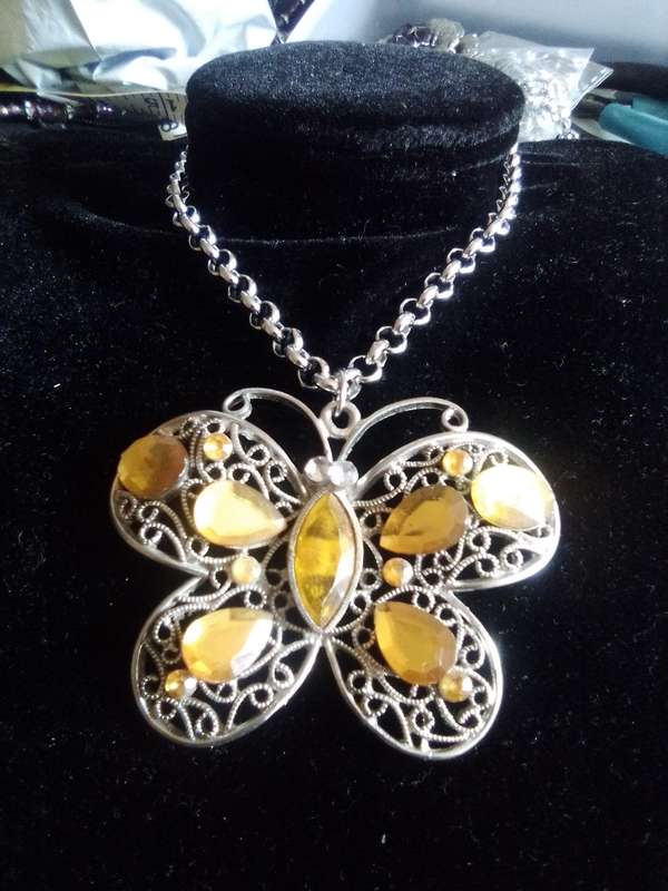 Large Filigree Silver Butterfly, Roly Poly Stainless Steel Chain Necklace