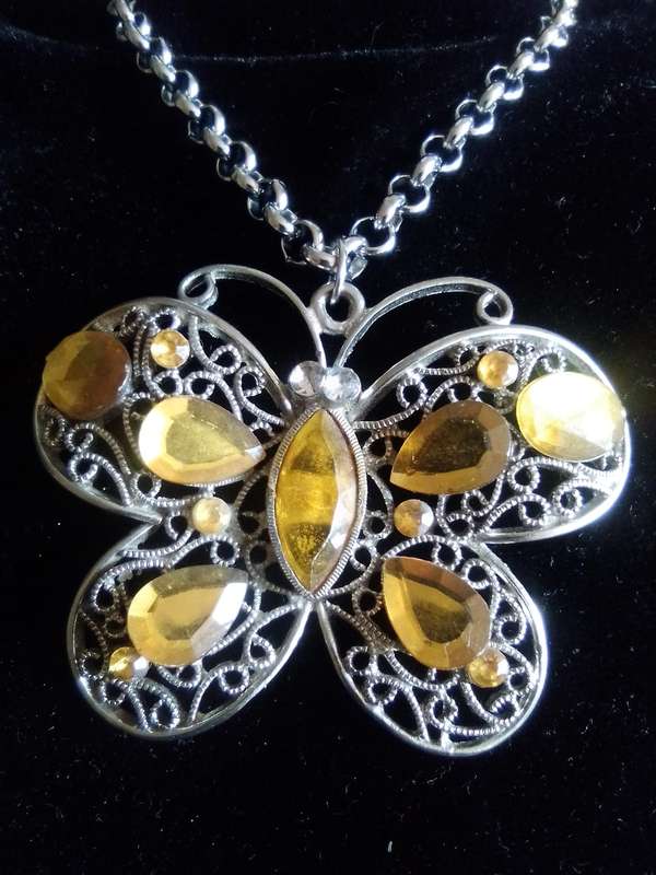 Large Filigree Silver Butterfly, Roly Poly Stainless Steel Chain Necklace