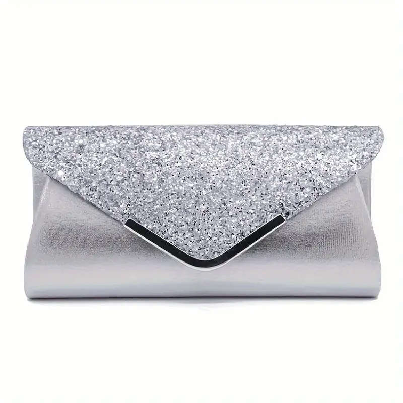 Sequin Décor Satin Evening Clutch Bag - Silver.