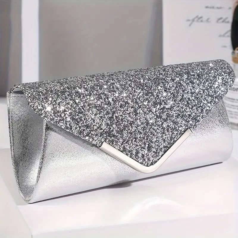 Sequin Décor Satin Evening Clutch Bag - Silver.