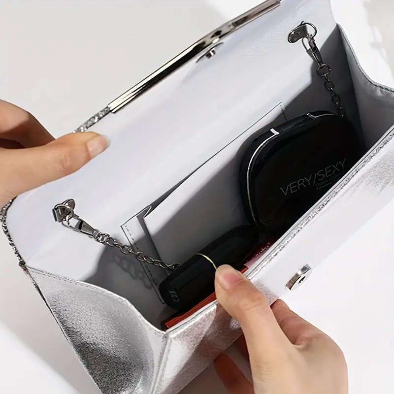 Sequin Décor Satin Evening Clutch Bag - Silver.