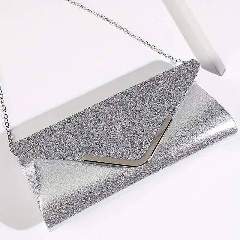 Sequin Décor Satin Evening Clutch Bag - Silver.