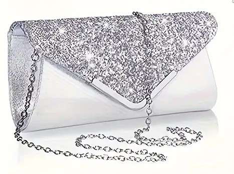 Sequin Décor Satin Evening Clutch Bag - Silver.