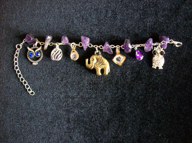 Amethyst Gemstone Charm Bracelet - Elephant Charm