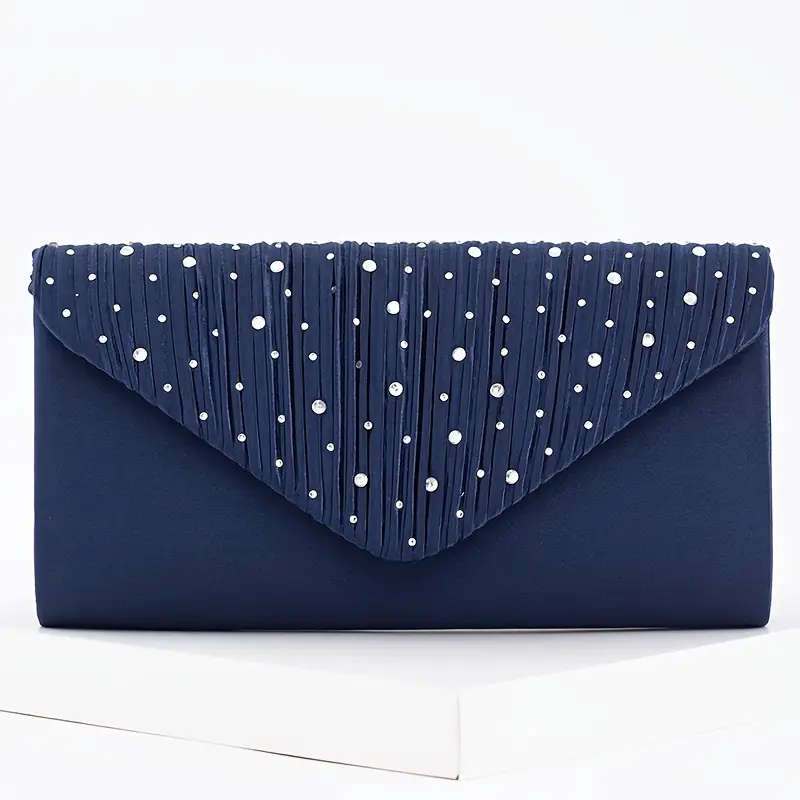 Rhinestone Satin Evening Clutch Bag - Dark Blue.