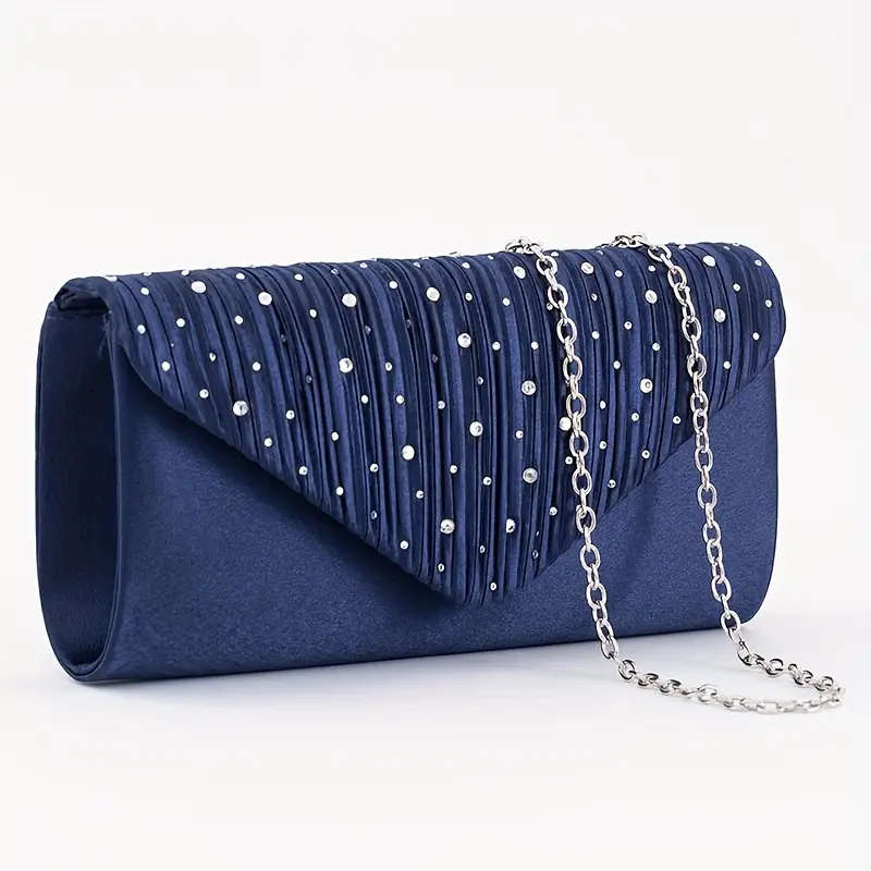 Rhinestone Satin Evening Clutch Bag - Dark Blue.