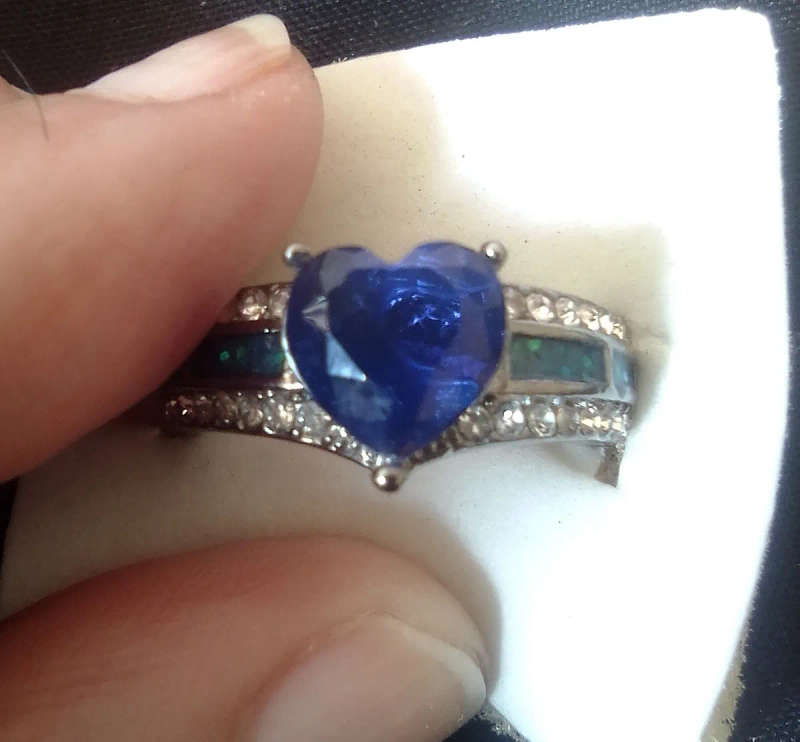 Blue Cubic Zirconia heart, Gun Metal black ring