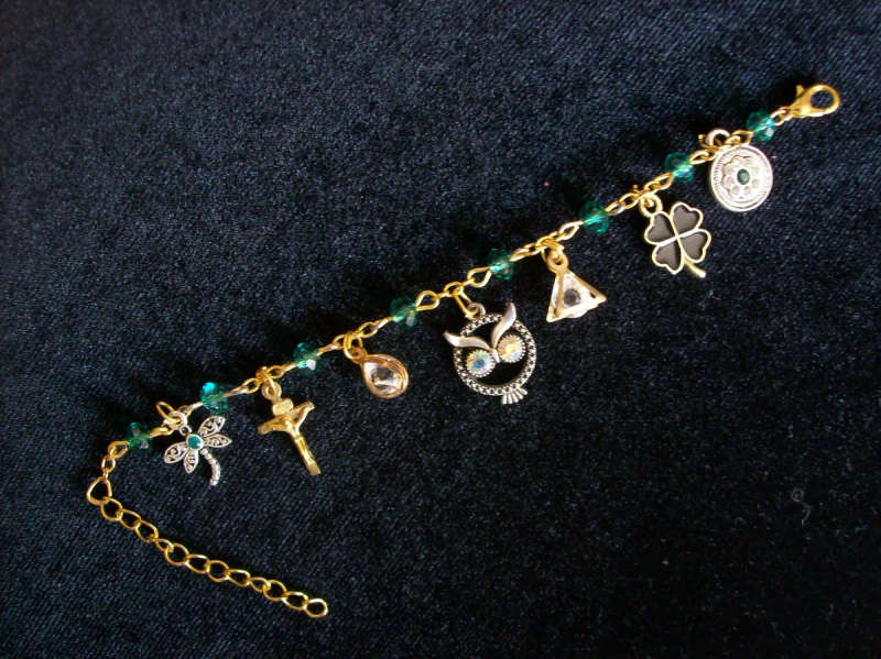 Emerald Green Austrian Crystal Charm Bracelet - Gold