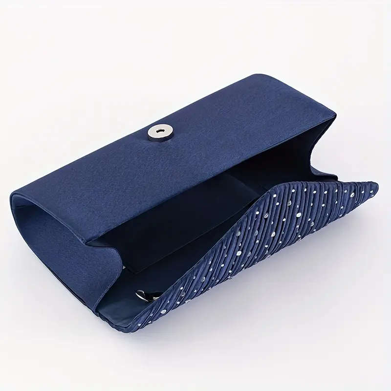 Rhinestone Satin Evening Clutch Bag - Dark Blue.