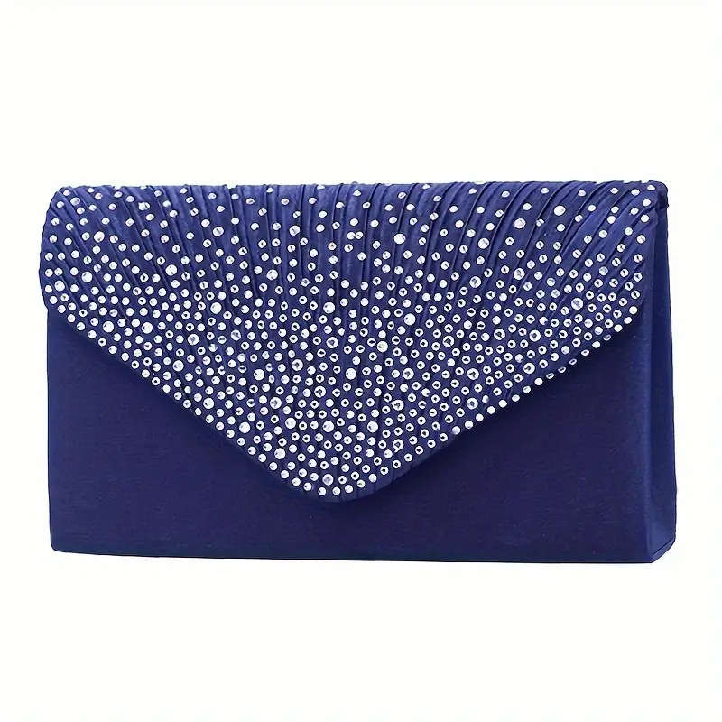 Rhinestone, Satin Evening Clutch Bag - Blue.