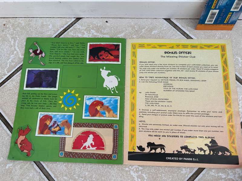 South African print Walt Disney THE LION KING sticker album Panini Italy