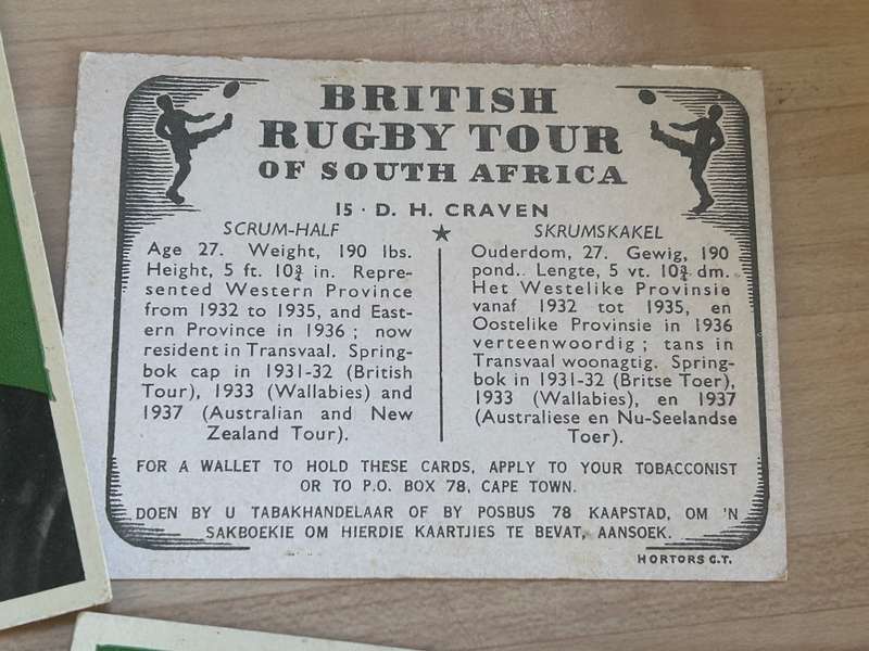 1938 South African SPRINGBOKS Vs BRITISH LIONS TOUR cigarette complete 62 card set incl Danie Craven
