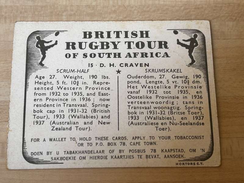 1938 South Africa RUGBY SPRINGBOKS Vs BRITISH LIONS TOUR cigarette complete 62 card set Danie Craven