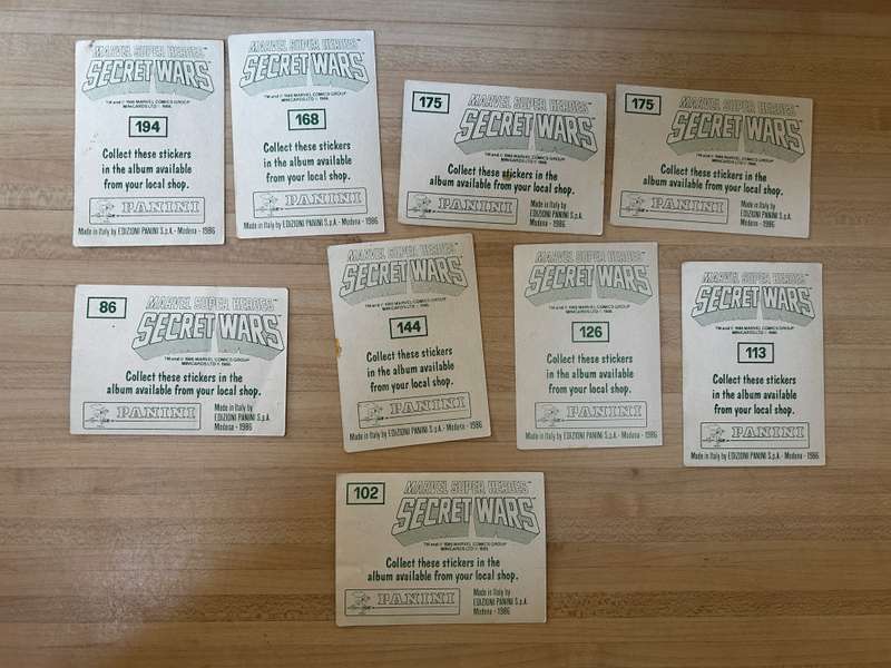 Loose lot of 9 x Marvel comics SECRET WARS stickers from 1984 Panini Italy