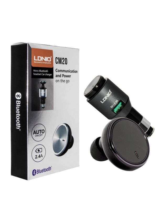 LDNIO CM20 2 In 1 Mono Bluetooth Headset + 2.4A USB Fast Charging Car Charger With Auto On-Off Butto