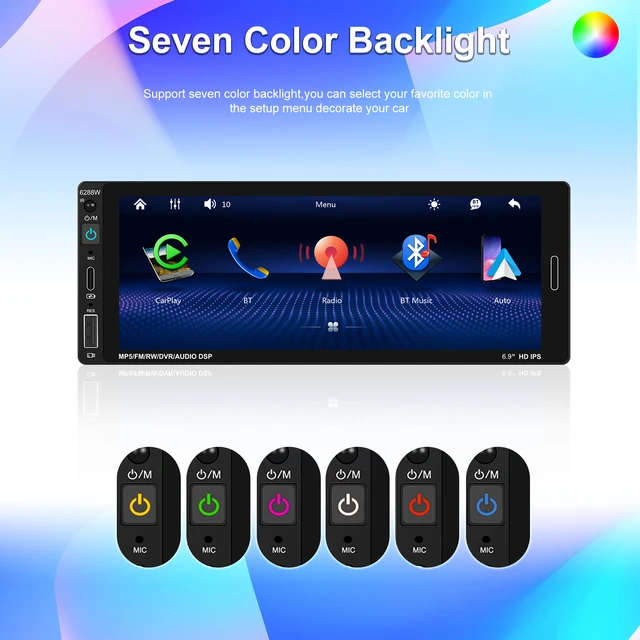 Podofo 6.86 Inch 1Din Car MP5 Player Touch Screen Carplay Android Auto BT/USB FM AUX Rear View Cam