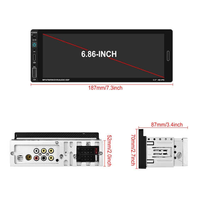 Podofo 6.86 Inch 1Din Car MP5 Player Touch Screen Carplay Android Auto BT/USB FM AUX Rear View Cam