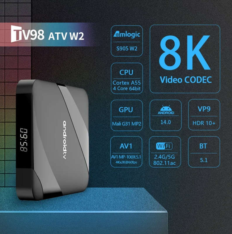 Latest Gen Android 14 8K TV98 w2 with 2GB Ram TV Box & ATV OS,  S905W2 Cpu Dual Band WiFi, BT5.2