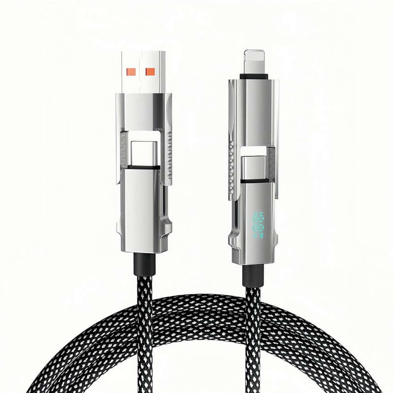 4 in 1  With LED Display Multi Charger Cable, 65W Dual USB C/USB A/Lightning Fast Charging Cable