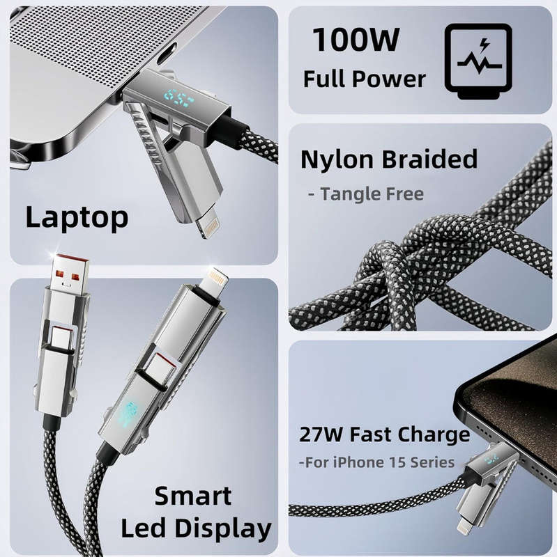 4 in 1  With LED Display Multi Charger Cable, 65W Dual USB C/USB A/Lightning Fast Charging Cable