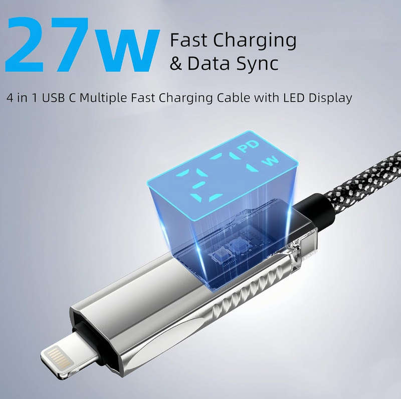 4 in 1  With LED Display Multi Charger Cable, 65W Dual USB C/USB A/Lightning Fast Charging Cable