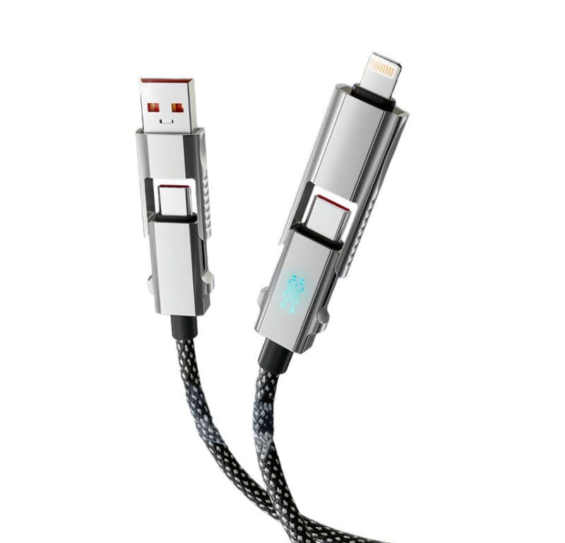 4 in 1  With LED Display Multi Charger Cable, 65W Dual USB C/USB A/Lightning Fast Charging Cable