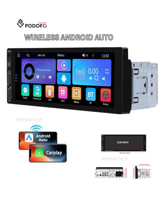 Podofo 6.86 Inch Single Din  Touch Screen Wireless Carplay Android Auto BT/USB FM AUX Rear View Cam