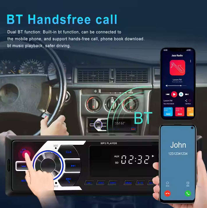 MP3 Player 1 Din Car Radio Stereo BT/USB/SD/AUX-IN/FM Voice Assistant 60W X 4