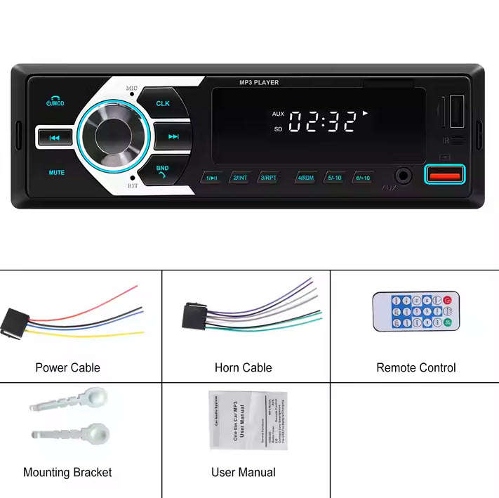 MP3 Player 1 Din Car Radio Stereo BT/USB/SD/AUX-IN/FM Voice Assistant 60W X 4