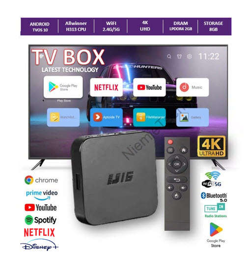 Latest Gen Android 10 OS 4K U16 Mini Tv Box  2GB Ram with 8GB Rom Quad Core Cpu 5G WiFi, BT5.2