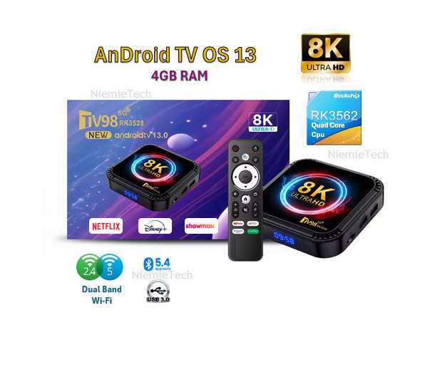 TV98 4+64G ATV 8K Smart TV Box Android 13 RK3528 Quad-core 2.4G&5G Dual Band Wifi+BT5.0 Media Player
