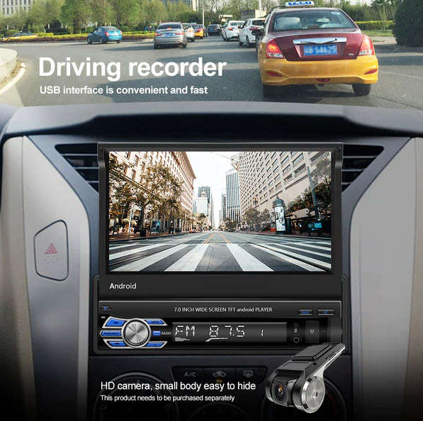 Podofo 1 Din 7" Retractable Flip Screen Car Radio Stereo with Wireless Carplay MP5 Player BT 5.1