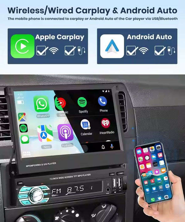 Podofo 1 Din 7" Retractable Flip Screen Car Radio Stereo with Wireless Carplay MP5 Player BT 5.1