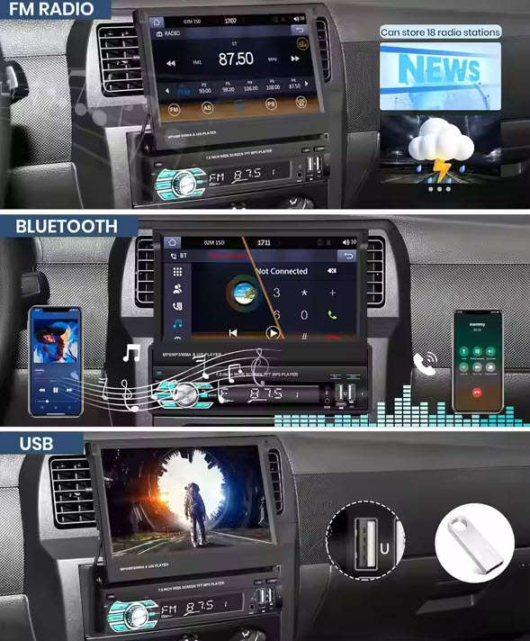 Podofo 1 Din 7" Retractable Flip Screen Car Radio Stereo with Wireless Carplay MP5 Player BT 5.1