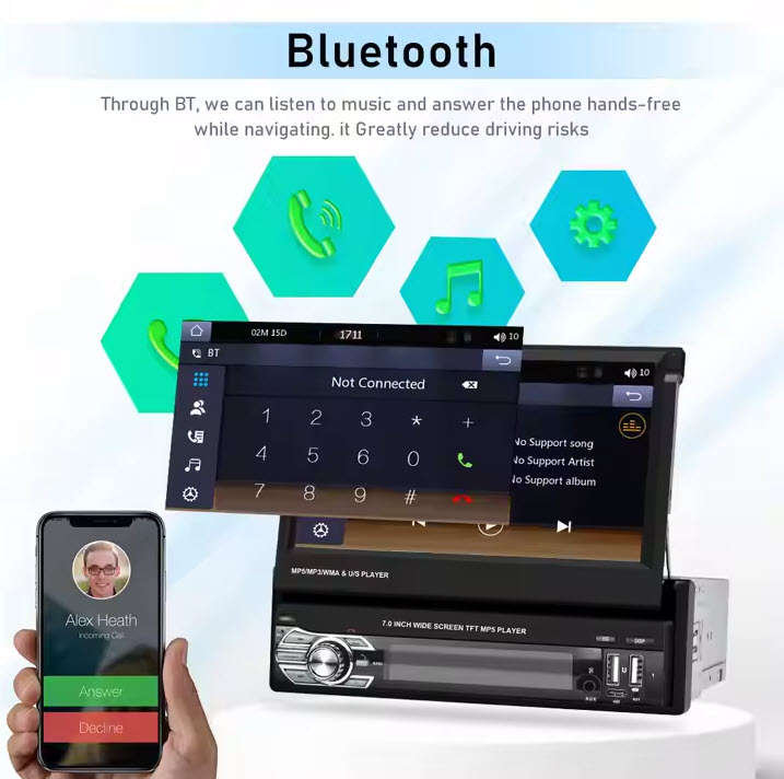 Podofo 1 Din 7" Retractable Flip Screen Car Radio Stereo with Wireless Carplay MP5 Player BT 5.1