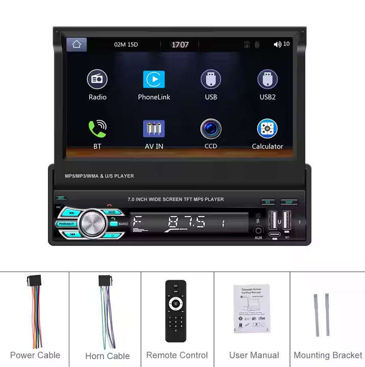 Podofo 1 Din 7" Retractable Flip Screen Car Radio Stereo with Wireless Carplay MP5 Player BT 5.1