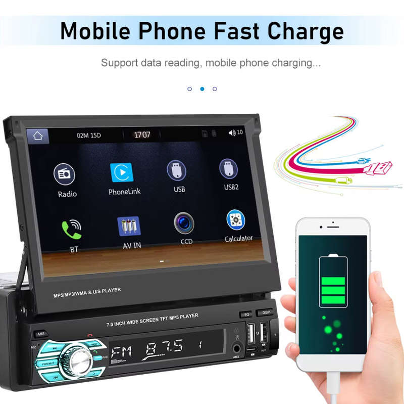 Podofo 1 Din 7" Retractable Flip Screen Car Radio Stereo with Wireless Carplay MP5 Player BT 5.1