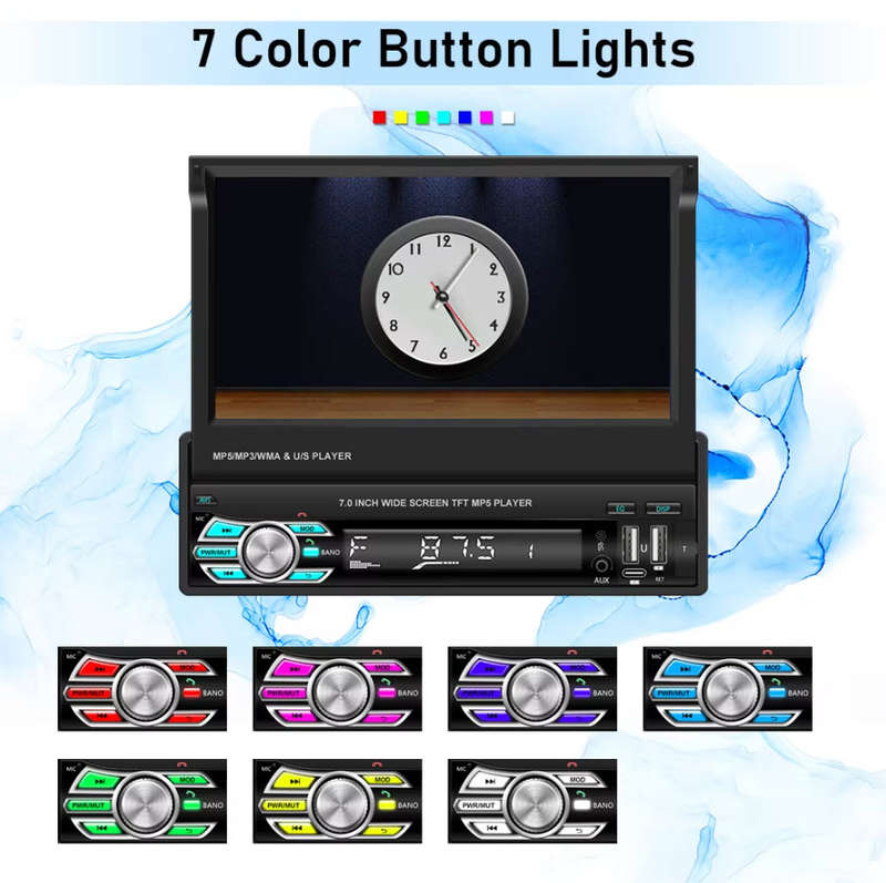 Podofo 1 Din 7" Retractable Flip Screen Car Radio Stereo with Wireless Carplay MP5 Player BT 5.1
