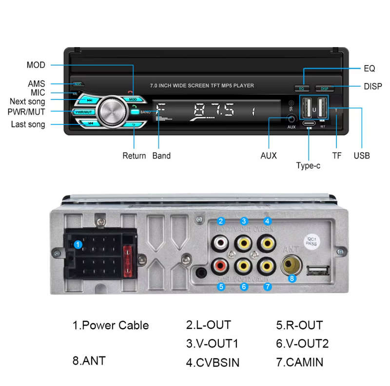 Podofo 1 Din 7" Retractable Flip Screen Car Radio Stereo with Wireless Carplay MP5 Player BT 5.1