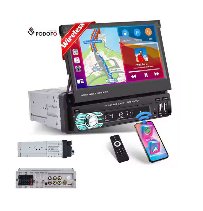 Podofo 1 Din 7" Retractable Flip Screen Car Radio Stereo with Wireless Carplay MP5 Player BT 5.1